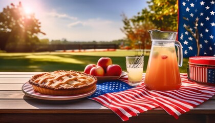 Wall Mural - classic american cookout spread with apple pie and lemonade softfocus patriotic holiday scene