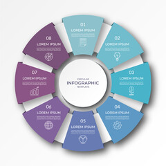 Wall Mural - Infographic circular diagram with 8 options, parts. Eight-step process chart with colorful segments, applicable for data visualization, presentation, business infographics.