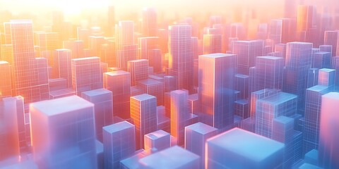 A futuristic cityscape bathed in warm orange light, depicting tall, abstract buildings, Ideal for use in technology, innovation, and urban development themes,