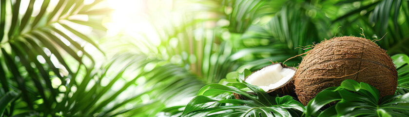 Poster - Tropical Paradise Fresh Coconut Among Lush Green Foliage on White Background