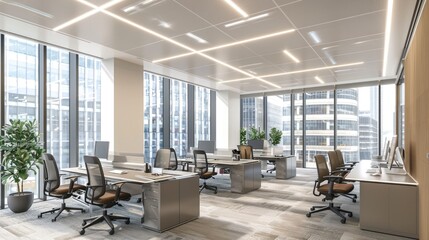 Wall Mural - Modern office interior with large windows overlooking city skyline.