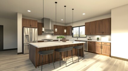 Canvas Print - Modern Kitchen with Island, Stainless Steel Appliances, and Walnut Cabinets