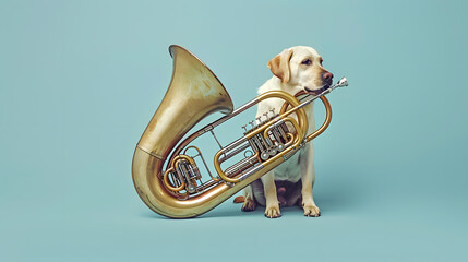 A photo of a dog ecstatic playing violin, isolated on a light blue background