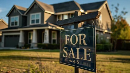 Poster - A well-maintained family home featuring a For Sale sign in front, set in a suburban neighborhood with autumn foliage.