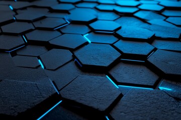 Poster - a futuristic technology honeycomb mosaic background with glowing hexagons. a 3d render illustration.