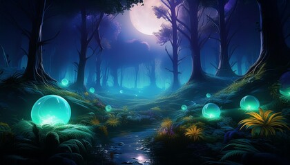 Sticker - ethereal forest clearing bathed in moonlight misty atmosphere bioluminescent plants otherworldly beauty