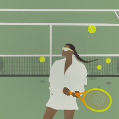 Wall Mural - girl in sports glasses at the tennis court training with a racket in her hands