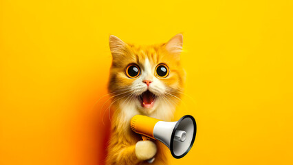 fun and energetic image of a cat with wide eyes holding a megaphone