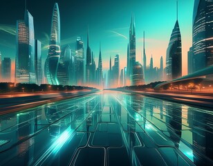 Wall Mural - futuristic cityscape at twilight gleaming skyscrapers with reflective facades subtle mint and seafoam hues swirling in the sky bokeh lights in foreground