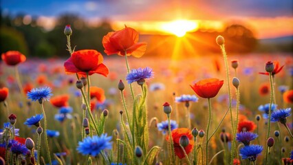 Poster - Poppy and cornflowers in sunset light in a summer meadow , Wildflowers, colorful, vibrant, sunset, rural, meadow, countryside
