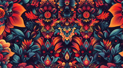 Poster - Vibrant warm-colored kaleidoscopic floral pattern ideal for textile and wallpaper designs