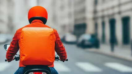 A courier on a motorcycle wearing an orange helmet and backpack, delivering goods in an urban setting.