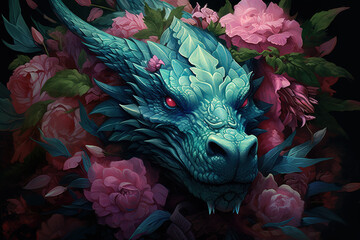 Wall Mural - An amazing image of a dragon with leaves around it