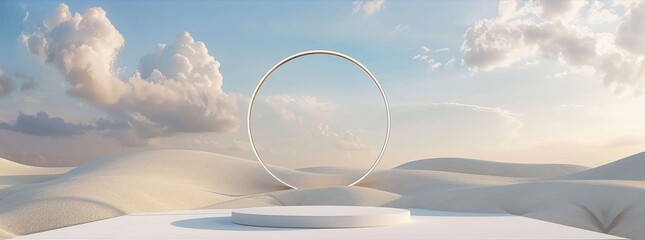 Wall Mural - 3D rendering of a podium for product presentation in a desert landscape with clouds and a circular arch.