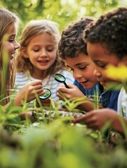 Group of kids investigate nature with magnifying glasses.