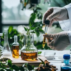 Poster - A scientist is holding a vase with a plant in it and a bottle of liquid