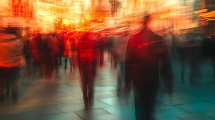 Blurry Crowd Walking Through City Street at Night