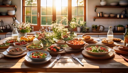 gourmet farmtotable spread featuring artfully plated dishes made with fresh locallysourced ingredients rustic wooden table in a sundrenched country kitchen setting