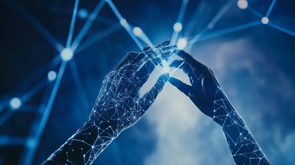 Poster - human hands reaching towards glowing connections in a digital network during a futuristic setting