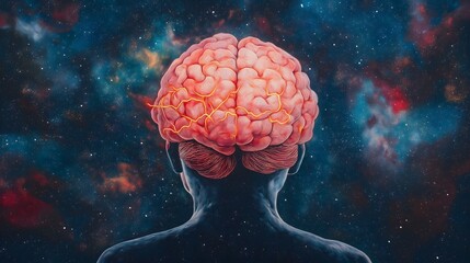 with intricate detail, floating in the vastness of space. The brain should have a dynamic, focused energy, with neural pathways illuminated, symbolizing thought and direction. A glowing, clearly defin