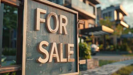 Poster - A For Sale sign stands prominently in front of modern homes surrounded by vibrant greenery in a sunny neighborhood.