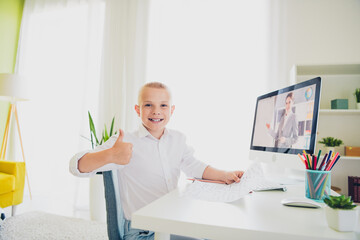 Sticker - Portrait of diligent clever boy learner study from home remote lesson math subject thumb up computer screen indoors