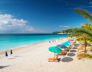 Poster - idyllic mediterranean beach scene bathed in golden sunlight turquoise waters lap at pristine white sand swaying palms and colorful umbrellas complete the tropical paradise atmosphere