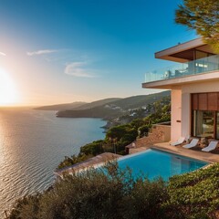 Poster - idyllic mediterranean villa with infinity pool perched on a hillside overlooking a turquoise sea and lush coastline bathed in golden sunlight