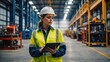 © LIFE LINE - Professional Heavy Industry Engineer Worker Wearing Safety Uniform and Hard Hat, Using Tablet Computer. Serious Successful Female Industrial Specialist Walking in a Metal Manufacture Warehouse