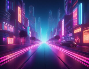 Poster - Nocturnal city street with neon illumination Atmospheric urban scene with empty road and futuristic vibe