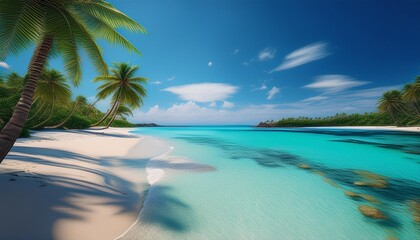 Poster - photorealistic 3d rendering of a pristine tropical beach with crystalclear turquoise waters powdery white sand and lush palm trees created using advanced cgi technology