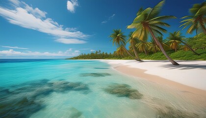 Wall Mural - photorealistic 3d rendering of a pristine tropical beach with crystalclear turquoise waters powdery white sand and lush palm trees created using advanced cgi technology