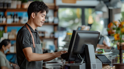 A man in a black shirt and apron stands at a cash register in a restaurant, using a computer to process transactions - Generative AI