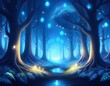 © Amli - shimmering magical blue forest illuminated by glowing lights at night fantasy digital painting
