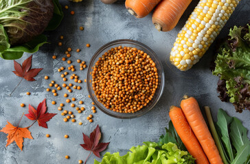 A bowl of red peas with vegetables and carrots, green lettuce, and corn cobs on a gray concrete table