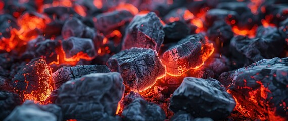 Wall Mural - Close up of glowing hot coals in a barbecue grill. The embers are a mixture of red and orange, with some black charcoal in the background.