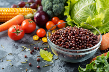 A bowl of red peas with vegetables and carrots, green lettuce, and corn cobs on a gray concrete table