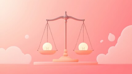 Poster - Balanced scales with a light bulb, wisdom and justice, flat design illustration, 3d style