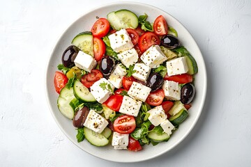 Wall Mural - Greek salad with feta cheese and olives isolated on a white, top view