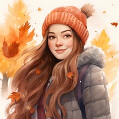  an illustration of a young woman with long, flowing brown hair. She is wearing an orange knit beanie with a pom-pom on top and a puffy gray jacket with a furry hood
