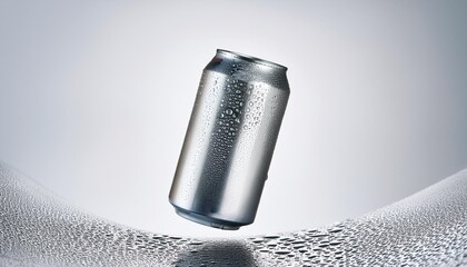 sleek aluminum soda can with condensation droplets floating in zero gravity against pure white backdrop casting subtle shadows