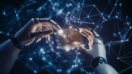 Poster - Robotic hands manipulating a glowing data cube against a digital background at night