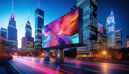 Poster - sleek digital billboard displaying vibrant abstract art mounted on futuristic skyscraper in neonlit cityscape