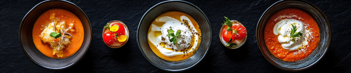 Poster - three bowls of gazpacho soup with different toppings.