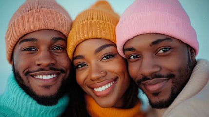 Diverse Friends in Knitted Beanies Smiling Close-Up.