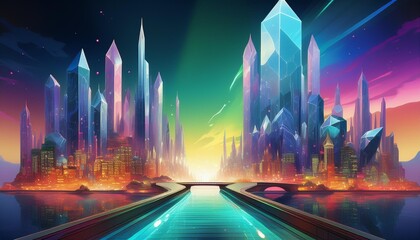 Wall Mural - surreal cityscape where skyscrapers are giant crystals faceted surfaces reflecting prismatic light floating islands connected by aurora bridges