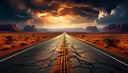 Poster - surreal digital artwork depicting a cracked highway stretching through a desolate desert landscape stormy skies and textured effects create an apocalyptic atmosphere with a cinematic quality