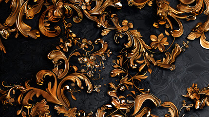 Fototapete - Exquisite golden floral design on a textured black backdrop, forming a lavish and sophisticated pattern