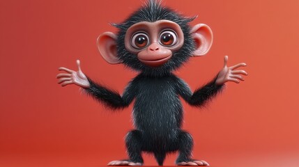 Adorable cartoon chimpanzee with big eyes and a friendly smile on a red background.