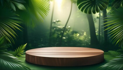 Poster - tropical forest product display wooden podium on lush green foliage floor dappled sunlight misty atmosphere rich emerald tones natureinspired marketing concept